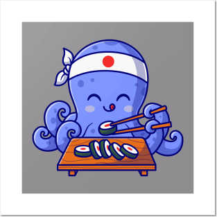 Cute Octopus Eating Sushi Cartoon Posters and Art